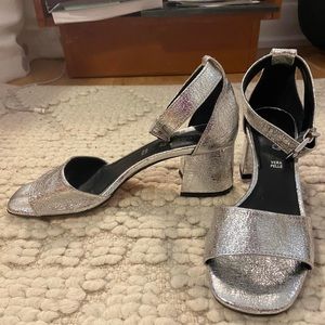 Silver strapped block heel shoe